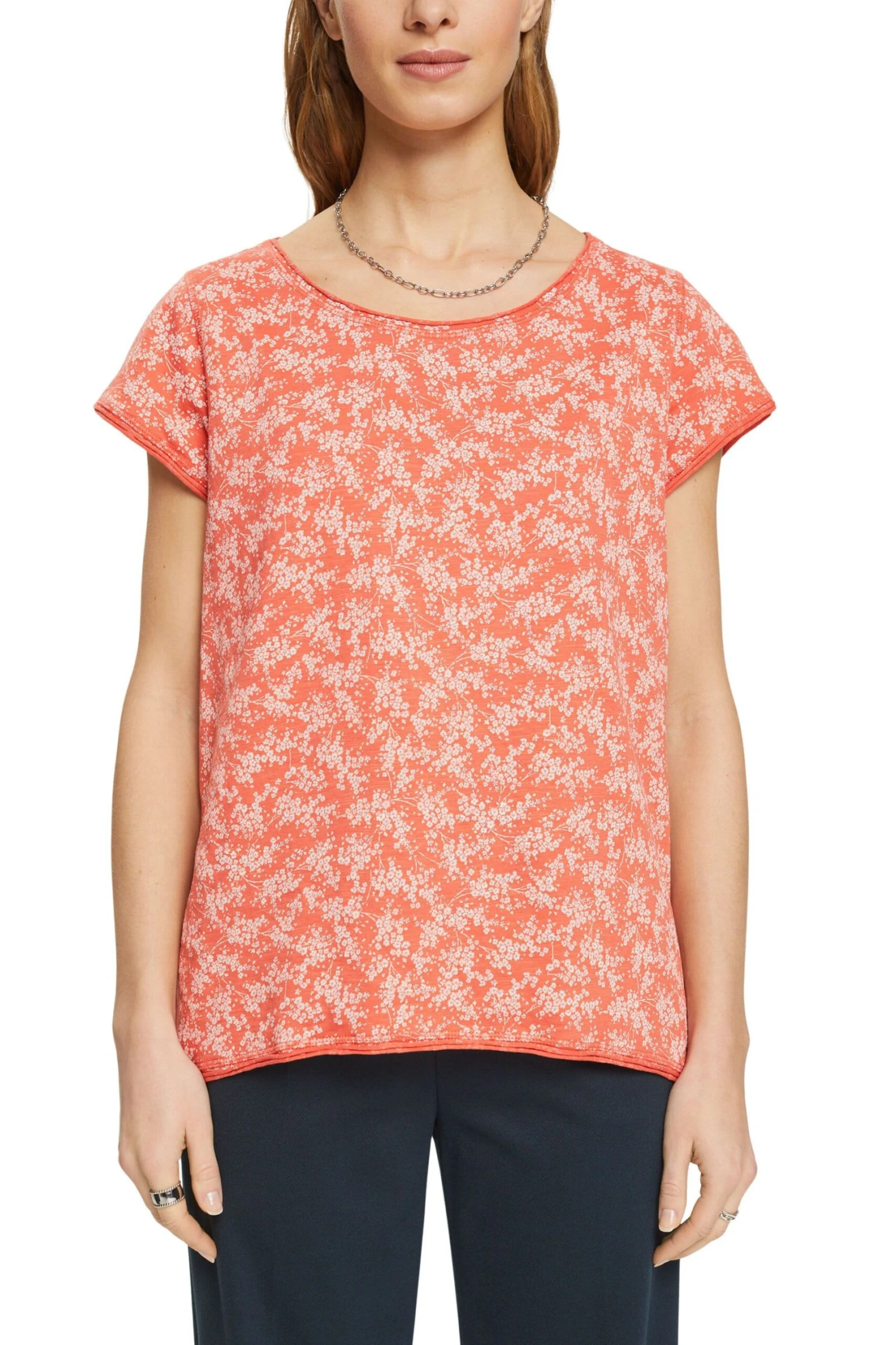 ESPRIT Florales T-Shirt Mit Rollkanten Orange Red 2 ESPRIT Florales T-Shirt Mit Rollkanten Orange Red - Image 2